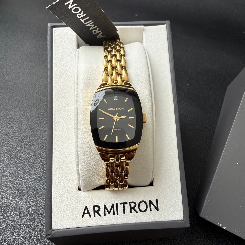 Armitron Women's 75/5195GP Gold‎ Tone Diamond Black Dial Bracelet Watch New